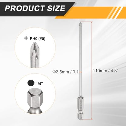 HARFINGTON 4pcs #0 Phillips Screwdriver Bit PH0 1/4" Hex Shank 4.3" (110mm) Long 0.1" Rod Magnetic Cross Head Drill Bits S2 Steel Industrial Screw Driver Bit for Electric Power Tools, Gray - size: PH0 x 4.3" x 0.1"