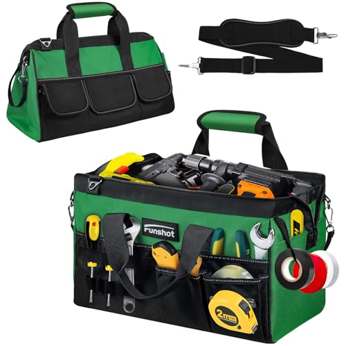 16 Inch Heavy Duty Tool Bag, Compact Tool Organizer with 17 Pockets, Wide Mouth Tool Tote with Adjustable Shoulder Strap, Portable Work Bag for Electricians, Mechanics, Contractors, DIY & Home Repair - size: 15.6"L x 8.3"W x 9.5"H