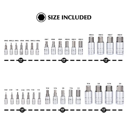 EMENTOL 33PCS Hex Bit Socket Set, 1/4", 3/8" and 1/2" Drive, SAE And Metric Allen Socket Bit, CR-V, S2 Steel, Master Hex Bit Socket Set, 5/64" - 3/4", 2mm - 19mm - size: 33PCS (SAE & Metric)
