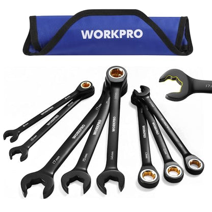 WORKPRO Upgraded 8-piece Anti-Slip Ratcheting Combination Wrench Set with Quick-Slide Open End, 72-Teeth, Cr-V Constructed, Black Metric Wrenches Set with Roll Up Pouch, 8mm-17mm - style: Metric + Quick Release