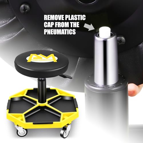 PM PERFORMOTOR Adjustable Height Pneumatic Garage Seat Rolling Mechanic Stool with Tool Tray Storage,300lbs Max Weight Capacity, Yellow,PM-TOL-ATS-YL - color: Yellow