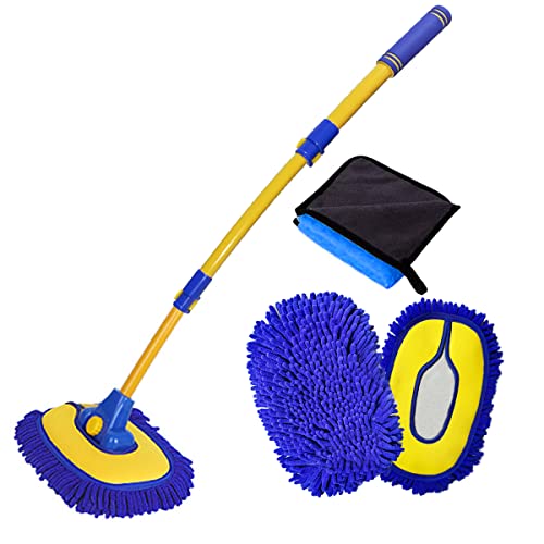 BMLEI Car Wash Brush with Long Handle, Microfiber Towels Car Wash Kit Cleaning Supplies, Car Wash Mop Mitt with 2 Replacement Head , Extension Pole Car Brush Cleaning Kit for Cars Trucks(Blue) - color: Blue Mop With Blue Washing Cloth