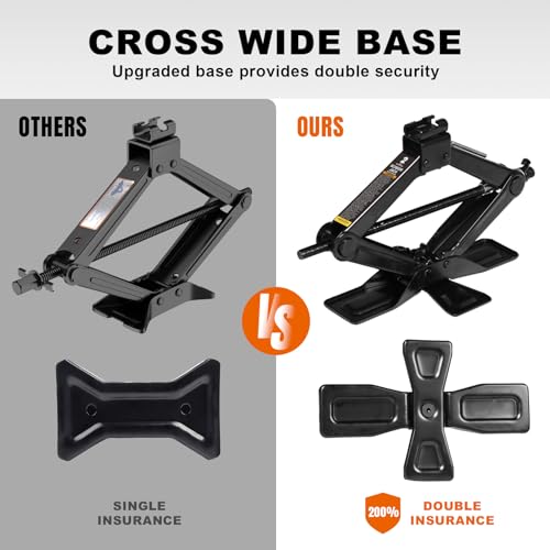 Big RED Wide Base Cross Car Scissor Jack: Steel Portable Quick Lift Tire Jacks Include Ratchet Wrench for Car, Truck, Sedans and MPV, 2 Ton (4,409 lbs) Capacity, Black
