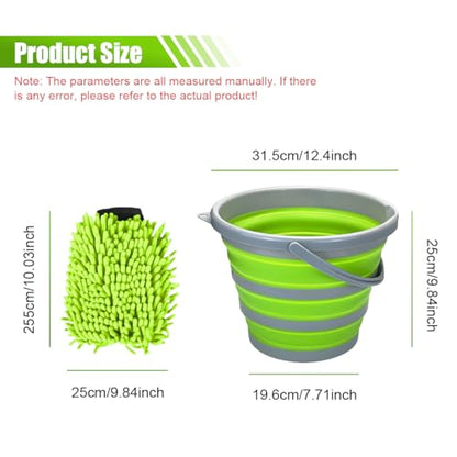 Collapsible Bucket with 3-in-1 Car Wash Mitt, Multiuse 10L Portable Plastic Bucket with Handle, Coral Velvet & Chenille Wash Mitt, Car Cleaning Kit for Vehicle, Household