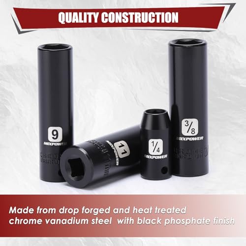 MIXPOWER 50 Pieces 1/4" Dr. Impact Socket Set, CR-V, 6 Point, SAE/Metric, 5/32 Inch - 9/16 Inch, 4mm - 15mm, Shallow/Deep - size: 1/4" Without Accessories