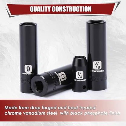 MIXPOWER 50 Pieces 1/4" Dr. Impact Socket Set, CR-V, 6 Point, SAE/Metric, 5/32 Inch - 9/16 Inch, 4mm - 15mm, Shallow/Deep - size: 1/4" Without Accessories