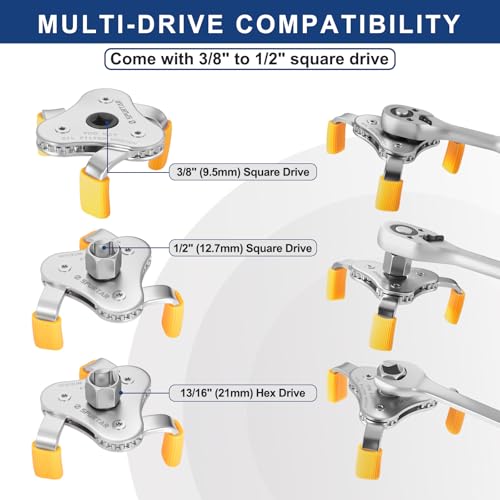Spurtar 3-Jaw Oil Filter Wrench Adjustable 2-11/16" to 4-1/16" 68mm-104mm | Oil Filter Removal Tool with Removable Protective Sleeves for Car, SUV & Truck