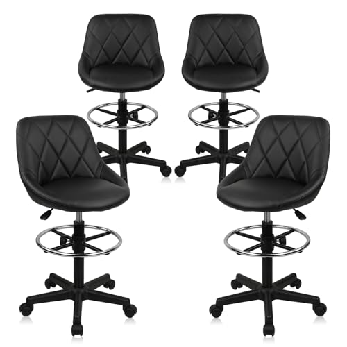 KLASIKA Drafting Chair with Back, Leather Rolling Swivel Stool with Adjustable Height and Footrest, Ergonomic Tall Standing Desk Office Chairs with Wheels for Home Work Shop Kitchen Bar, 4PK - color: Black Big Back, size: 4PK