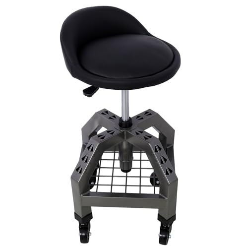 Rolling Shop Stool with Wheels, Garage Rolling Work Stools Swivel Shop Seat, Height Adjustable Auto Mechanic Stool Pneumatic Mechanic Chair with Tool Tray Storage, 300 Lbs Capacity (Gray) - color: Grey