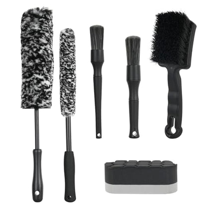BRUSH FAMILY 6PCS Car Rim Brushes for Cleaning Wheels Set | Car Detailing Cleaning Wash Brush, Stiff-Bristle Rim Brush with Tire Shine Applicator Pad for Cars SUV Tire RVs Trucks Wheel
