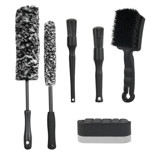 BRUSH FAMILY 6PCS Car Rim Brushes for Cleaning Wheels Set | Car Detailing Cleaning Wash Brush, Stiff-Bristle Rim Brush with Tire Shine Applicator Pad for Cars SUV Tire RVs Trucks Wheel