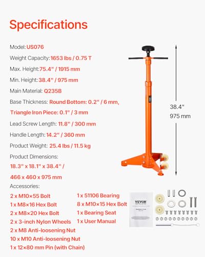 VEVOR Underhoist Support Stand, 3/4 Ton Capacity Under Hoist Jack Stand, Lifting from 38.4 to 75.4 in, Bearing Mounted Spin Handle, Self-Locking Threaded Screw, Two Wheels, Support Vehicle Components