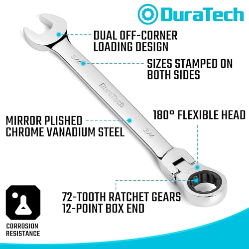 DURATECH Flex Head Ratcheting Wrench Set, Combination Wrench Set, 22-piece, Metric & SAE, 1/4" to 3/4" & 6-18mm, CR-V Steel, Mirror Polished, with Pouch - style: Flex-head