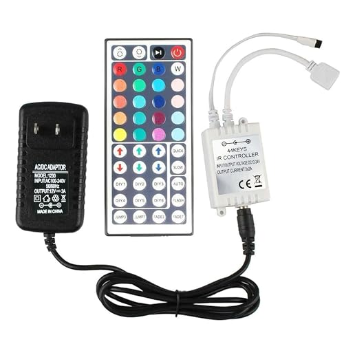 44 Key RGB LED Strip Lights IR Remote Controller with Wireless Rectifier Control Box and DC 12V 3A Power Supply Plug Adapter for 2835 3528 5050 LED Strip Lights Flexible Tape Lighting
