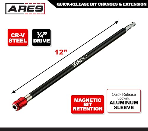 ARES 70207 - Drill Extension Bit Holder - 12-Inch Quick Release - Works With All 1/4-Inch Drive Bits - Quick Release Mechanism Makes Changing Bits a Breeze - size: 12-Inch Quick Release Extension Bit Holder