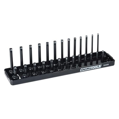 OEMTOOLS 22208 1/4" Metric Socket Organizer, 1/4 Socket Holder for Deep and Shallow Sockets, Labeled Posts, Dual Rail, Holds 4 mm to 15 mm - size: 1/4"