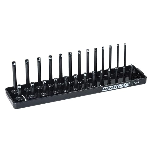 OEMTOOLS 22208 1/4" Metric Socket Organizer, 1/4 Socket Holder for Deep and Shallow Sockets, Labeled Posts, Dual Rail, Holds 4 mm to 15 mm - size: 1/4"