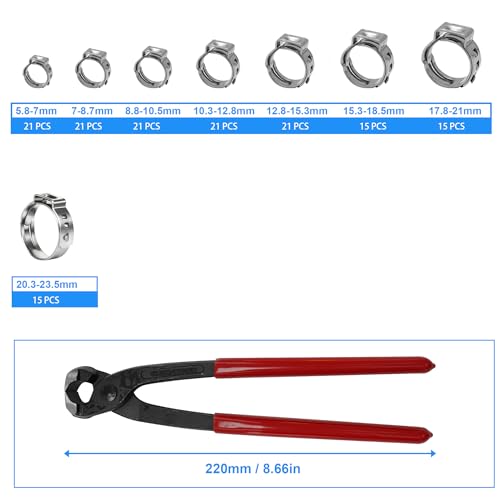 304 Stainless Steel Single Ear Hose Clamps Assortment Kit with Clamp Pliers 6 to 36mm Stepless Crimp Hose Clamps for Auto Pipe Fuel Line Home Appliance (150pcs) - size: 150pcs