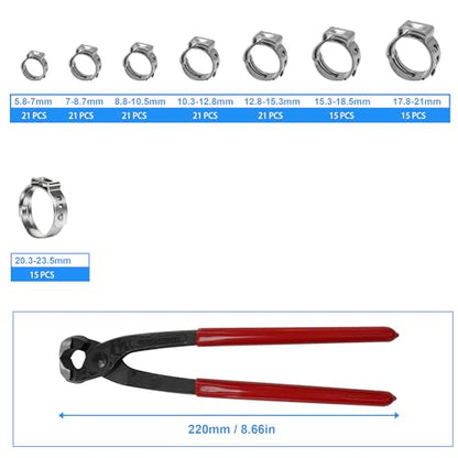 304 Stainless Steel Single Ear Hose Clamps Assortment Kit with Clamp Pliers 6 to 36mm Stepless Crimp Hose Clamps for Auto Pipe Fuel Line Home Appliance (150pcs) - size: 150pcs
