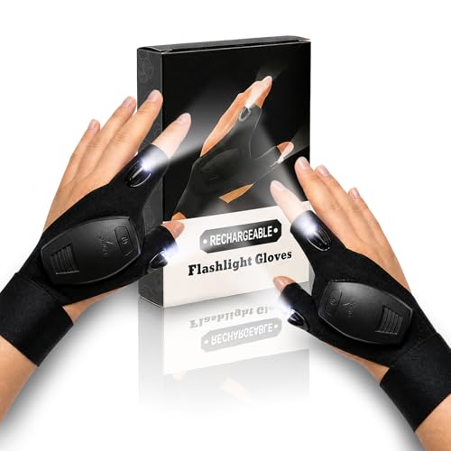 LED Flashlight Gloves for Men, Rechargeable Finger Lights with Type-C Fast Charging, Hands Free Work Light for Repairing, Automotive Maintenance, Fishing, Camping, DIY Projects and Outdoor Tasks