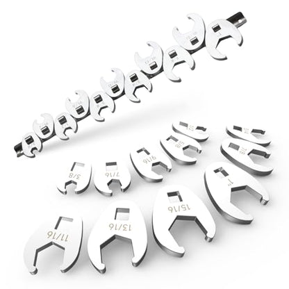 3/8" Drive SAE Flare Nut Crowfoot Wrench Set (3/8"-1")- 11 Piece | CR-V Steel | 5 Point Grip | 5mm Ultra-Thin | Clip-on Organizer | Access for Tight Spaces Bike Automotive Appliance Repair - style: Flare Nut - SAE