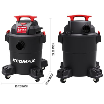 ECOMAX Wet Dry Vacuum 6 Gallon, 4 HP 85 CFM 3-in-1 Shop Vac with Suction/Blow/Wet Dry Function, Heavy-Duty Portable Poly Wet/Dry Vac Car Vacuum for Workshop, Jobsite, Garage and Home Cleaning