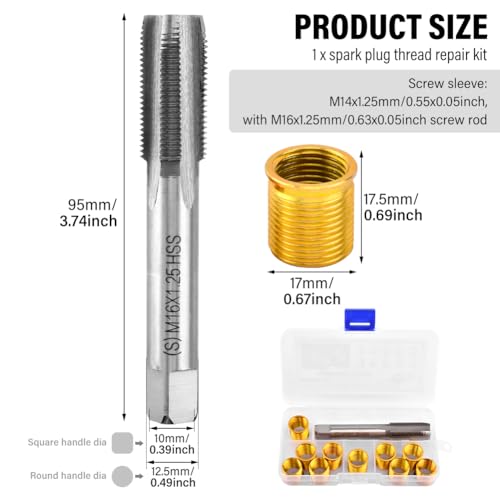 NINEFOX Spark Plug Thread Repair Kit Insert and Tap Set M14x1.25 | 11 piece spark plug rethreading kit with 10 inserts and 1 tap for cylinder head thread repair on cars, trucks, and generators - size: M14x1.25