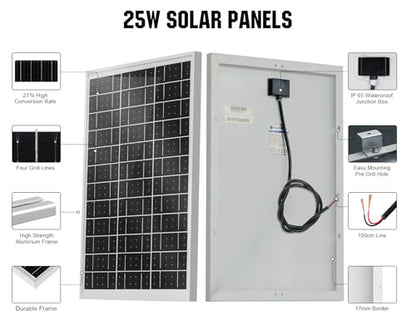 ECO-WORTHY Solar Panel 25W 18V Monocrystalline Waterproof Panel for Charging 12V Battery of RV Boat Trailer ATV Car or Powering Light, Charing 12V Battery Pack and Other Off-Grid Applications - size: 25W