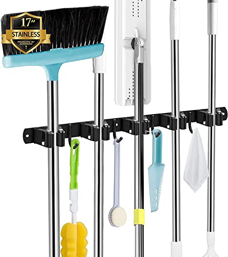 Black Broom Holder Wall Mount, 5 Racks 4 Hooks Mop and Broom Organizer | Mop Holder Wall Mount and Broom Hanger for Garage, Laundry Room, Kitchen and Utility Storage - color: 5 Racks & 4 Hooks (Black) - 1 Pack