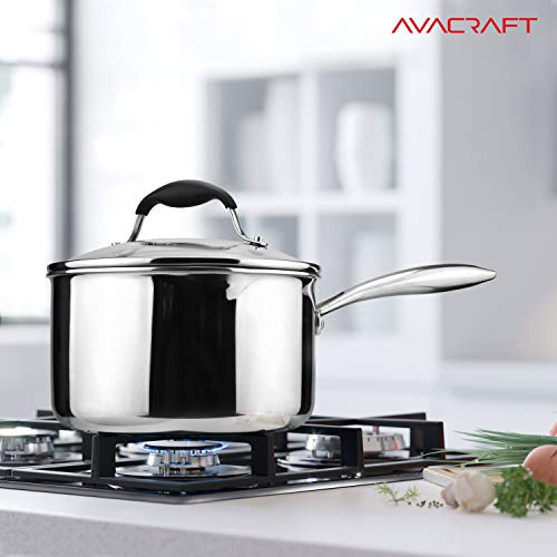 AVACRAFT Tri-Ply Stainless Steel Saucepan with Glass Strainer Lid, Two Side Spouts, Multipurpose Sauce Pan with Lid, Sauce Pot, Cooking Pot (Tri-Ply Full Body, 3.5 Quart) - size: 3.5 Quarts