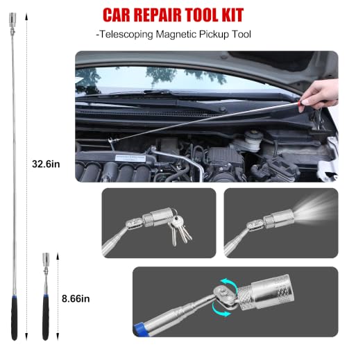 26PCS Car Tool Kit with Long Reach J-Hook, Telescoping Magnetic Pickup Tool with Light, Trim Removal, Air Wedge Bag for Minor Repairs of Car, Home etc.