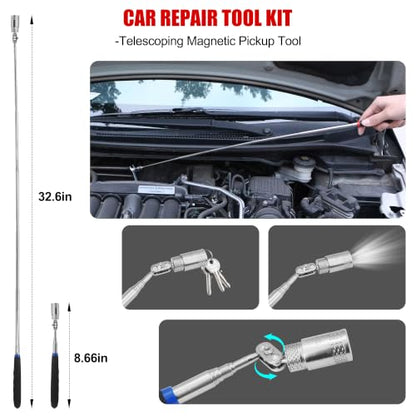 26PCS Car Tool Kit with Long Reach J-Hook, Telescoping Magnetic Pickup Tool with Light, Trim Removal, Air Wedge Bag for Minor Repairs of Car, Home etc.