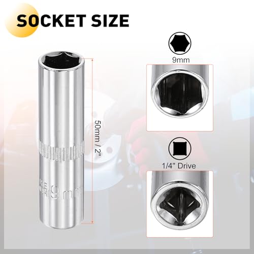 HARFINGTON Deep 6-Point Impact Socket 1/4" Drive 9mm Metric Socket 50mm (2") Long with 1/4" Hex Shank Adapter, CR-V Steel Socket Adapter Accessory Tool Set Kit for Hex Bolts Nuts - size: 9mm x 50mm