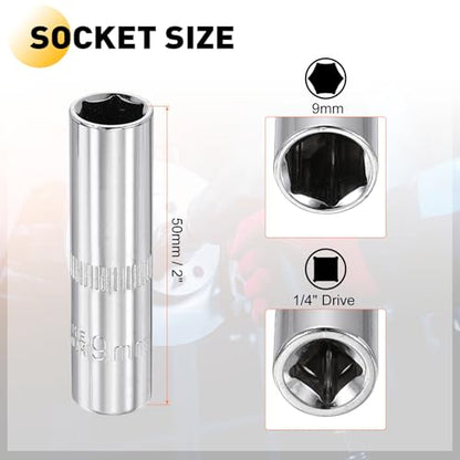 HARFINGTON Deep 6-Point Impact Socket 1/4" Drive 9mm Metric Socket 50mm (2") Long with 1/4" Hex Shank Adapter, CR-V Steel Socket Adapter Accessory Tool Set Kit for Hex Bolts Nuts - size: 9mm x 50mm