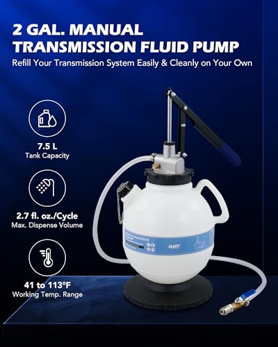 OMT 2 Gallon Transmission Fluid Transfer Pump Set with 15 ATF Adapters | 7.5L Manual ATF Refill Tool for Auto Shops; Extra Long Lever; Precise Flow Control; Durable Reservoir; Gearbox Maintenance