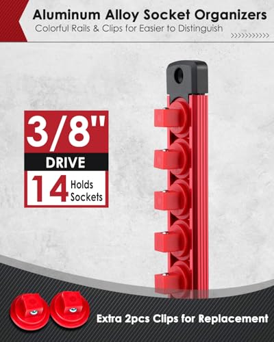 PINOZE 3/8" Magnetic Socket Holder Organizer - Aluminum Alloy Socket Rail Tray for Tool Box Drawer, Socket Rack with Extra 2Pcs Replacement Clips for Automotive Garage(Red) - size: 3/8" DR