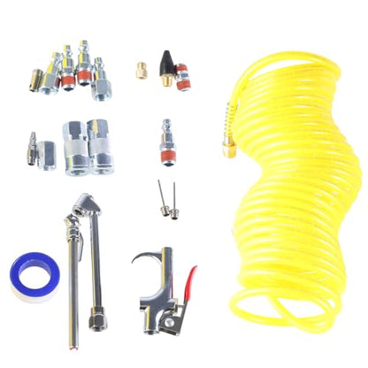 20Piece Professional Air Compressor Accessory Kits with Recoils Hose and Blow Guns for Inflation and Cleans Attachments