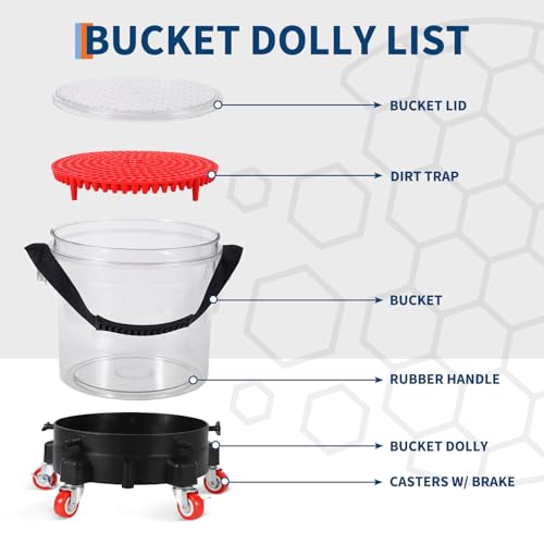 GarveeTech 5 gal Car Wash Bucket Kit 300 LBS Capacity - Includes Grit Trap, 5-Caster Dolly, Rubber Handle & Lid, Professional Detailing Kit for Auto Cleaning, Transparent