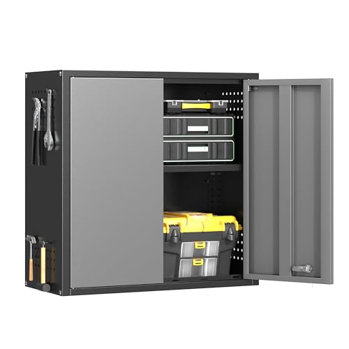 Metal Garage Wall Cabinet with 2 Doors and 1 Adjustable Shelf,Lockable Floating Tool Cabinet with Pegboard,Steel Storage Cabinet for Kitchen,Office,Garage,Laundry,Warehouse(Black&Gray, 26"H) - color: Black&gray, size: 26"H Wall Cabinet(2-Door)