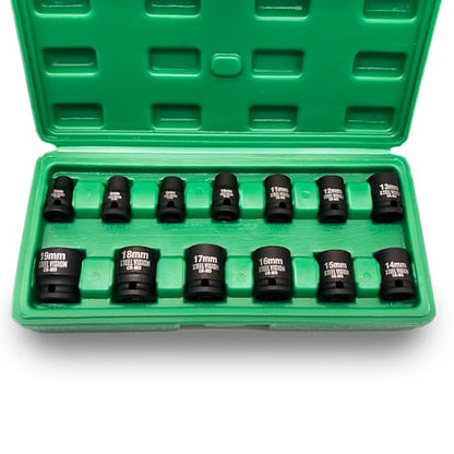 Steel Vision Tools 13 pieces 3/8 inch Drive Shallow Metric Impact Socket Set, 7mm to 19mm, CR-V, Metric, 6 Point, Shallow, 13 Pieces 3/8" Dr. Socket Set, Heavy Duty Blow Molded Storage Case - style: 3/8"_Metric_Shallow