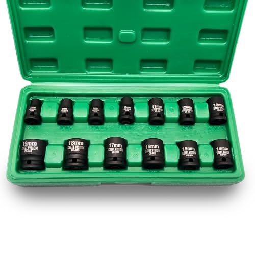 Steel Vision Tools 13 pieces 3/8 inch Drive Shallow Metric Impact Socket Set, 7mm to 19mm, CR-V, Metric, 6 Point, Shallow, 13 Pieces 3/8" Dr. Socket Set, Heavy Duty Blow Molded Storage Case - style: 3/8"_Metric_Shallow