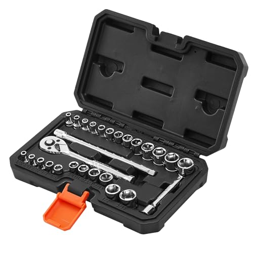 VEVOR Socket Set, 27 Pieces, 1/4 inch Drive Socket and Ratchet Set, SAE and Metric, Mechanic Tool Kit with Ratchet Wrench, Extension Bar and Storage Case, CR-V Alloy Steel, for Automotive Repair - size: 1/4", style: 27 PCS