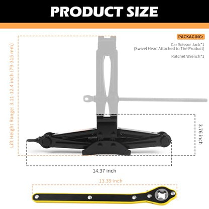 1T Scissor Jack for Car with Ratchet Wrench Kit,Heavy Duty Scissor Car Jack Kit for Cars Lifting Jobs Easy Tire Change,Essential Cars Scissors Jacks Lift Range 3.11"-12.4"