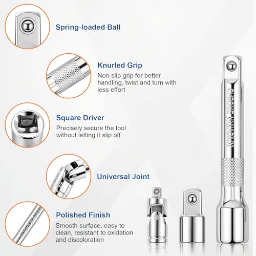 11Pcs Breaker Bar Set | 1/4”, 3/8” and 1/2” Drive, 180 Degree Rotatable Head, 4 Socket Adapters and 1/4" Universal Joint, Cr-V