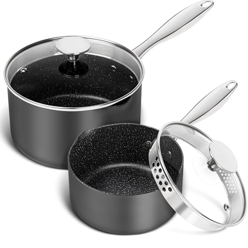MICHELANGELO Hard Anodized Saucepan Set with Lids, Nonstick Saucepan with Pour Spouts & Strainer Lid for Easy Pour, Granite Derived Coating Sauce Pot Set - 1.5QT & 3QT Induction Sauce Pans - size: 1.5+3 Quarts
