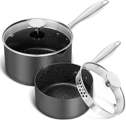 MICHELANGELO Hard Anodized Saucepan Set with Lids, Nonstick Saucepan with Pour Spouts & Strainer Lid for Easy Pour, Granite Derived Coating Sauce Pot Set - 1.5QT & 3QT Induction Sauce Pans - size: 1.5+3 Quarts