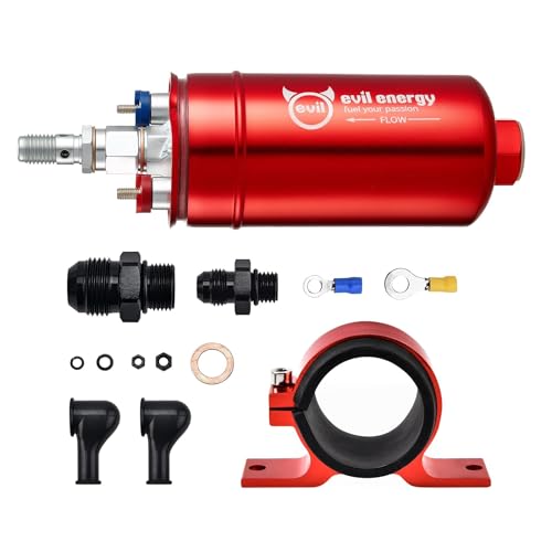 EVIL ENERGY External Inline Fuel Pump for 12V EFI System, 300LPH Flow | Compatible with Gasoline, Pump Gas, Race Gas, and Diesel, 10AN Inlet & 6AN Outlet, 60mm Bracket Included - color: Red