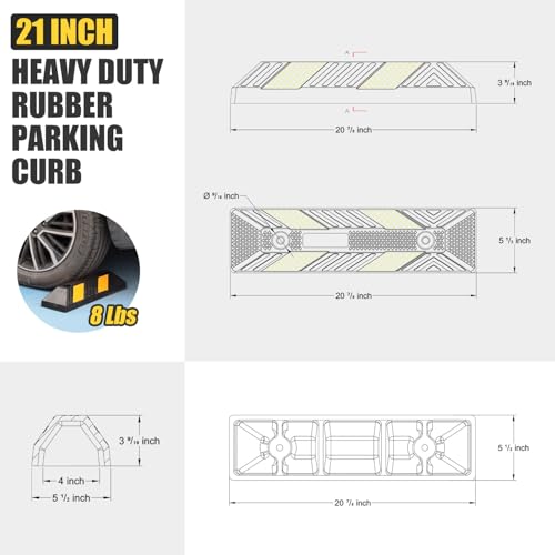 Heavy-Duty Rubber Parking Curbs, Parking Garage Floor Stoppers with Reflective Stickers, Mounting Screws Included, Wheel Stoppers for Car, Truck, Pickup, Motorcycle (21" - 4Pack) - size: 21" - 4Pack