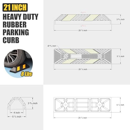 Heavy-Duty Rubber Parking Curbs, Parking Garage Floor Stoppers with Reflective Stickers, Mounting Screws Included, Wheel Stoppers for Car, Truck, Pickup, Motorcycle (21" - 4Pack)
