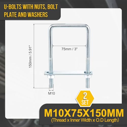 DTGN M10x75x150mm U Bolts Square Kit - 2Set - Carbon Steel U-Bolt Kit with Nuts, Washers, Frame Plate - Good for Pipe, Trailer, Automotive, Leaf Spring Fastener - size: M10x75x150mm